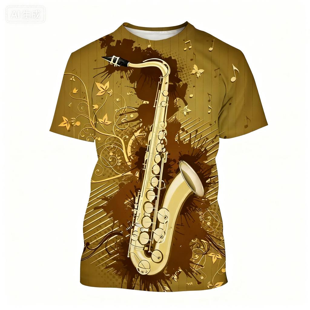 Summer Round Neck 3D Saxophone Pattern Print Top Fashionable Casual Short Sleeved Men's T-shirts