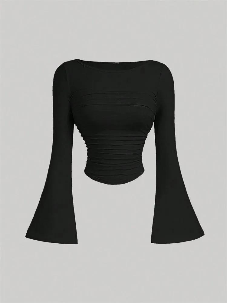 

Кроп-топ Phumee с круглым вырезом, плиссировкой, рукавами-фонариками A2314 S чёрный