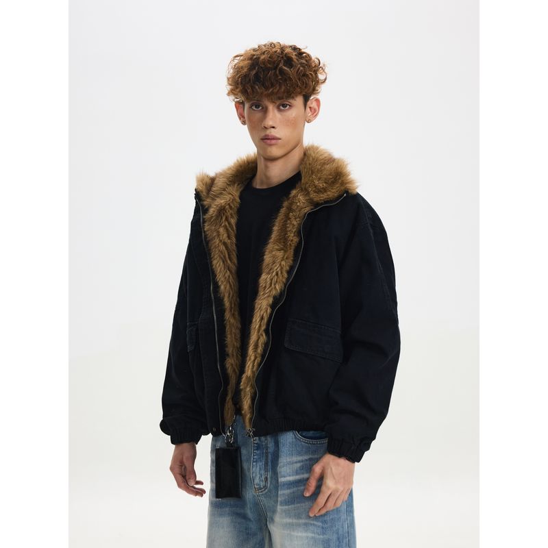 Cabbage Coke American Retro Faux Fur Quilted Short Workwear Jacket Autumn and Winter Design Loose Warm Jacket for Men