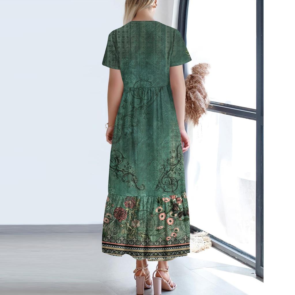 Short Sleeve Boho Dress For Women Casual Loose Fit Summer Sundress Floral Print Dress With Pockets