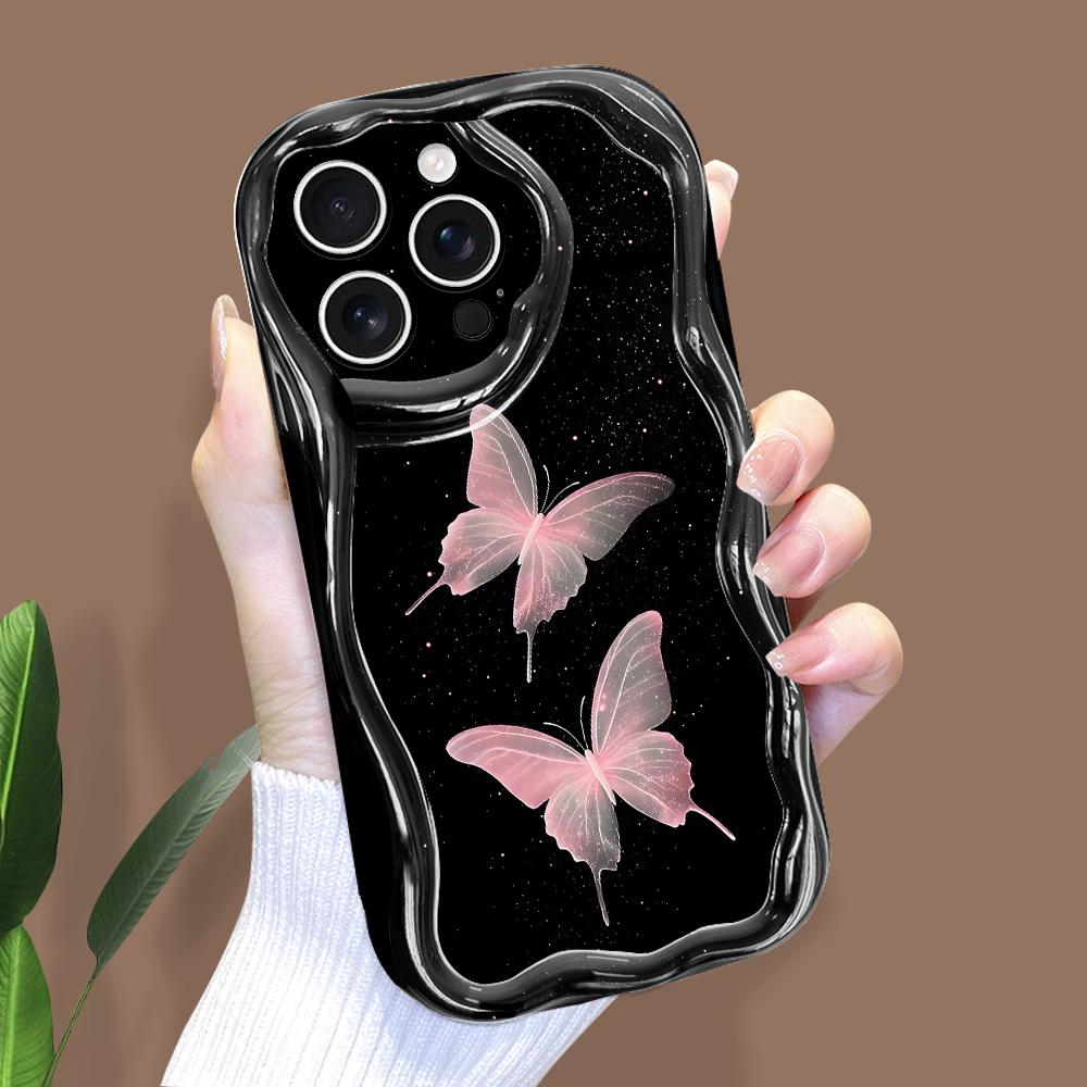 For iPhone 16 15 14 Samsung S25 S24 S23 A06 A13 A14 A15 A16 A55 Redmi 14C 13C Note 14 13 12 Cream Texture Wavy Edge Pink Butterfly Phone Case