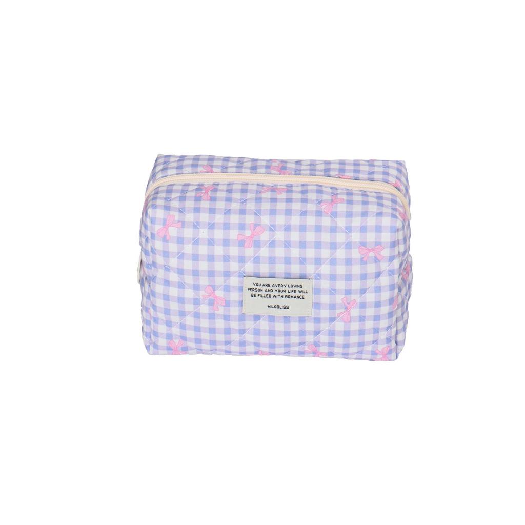 Large Capacity Plaid Quilted Cosmetic Bag with Bowknot - High-End, Stylish, Portable Storage Solution