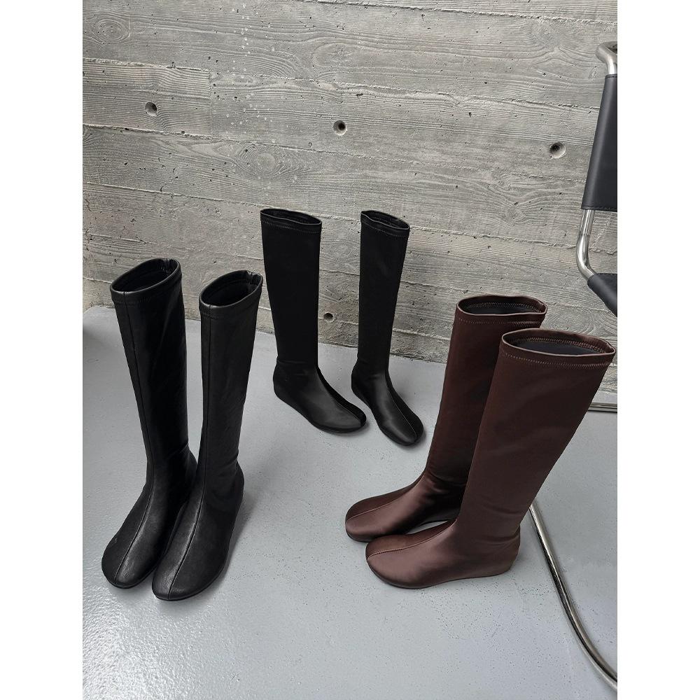 French round head inner height increase slope heel elastic thin boots 2025 super fire beautiful huge good-looking early autumn tall boots women
