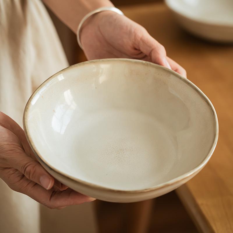 Japanese Retro Ceramic Open Bowl – Glossy Vegetable, Salad & Soup Bowl, Simple Large Tableware