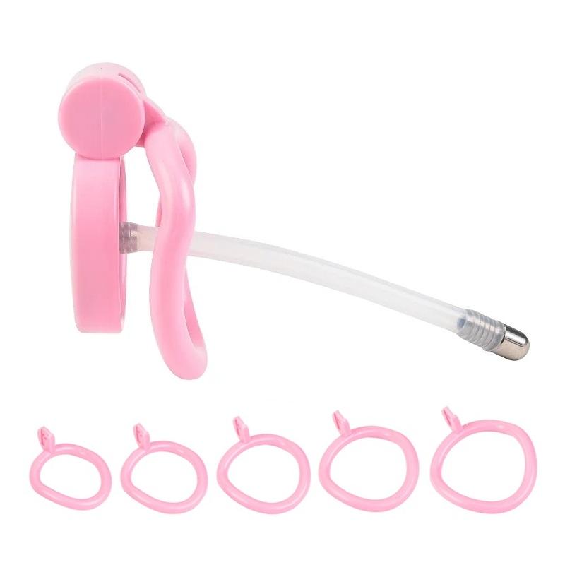 Pink Small Male Chastity Cage Set – Bird Cage Design with 5 Cock Rings & Urethral Sound Plug, Slave Play &  Sex Toys