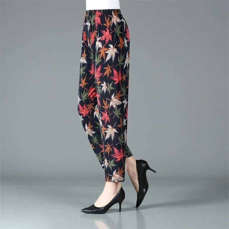 WTEMPO Summer Mom Elastic High Waist Casual Stretchy Cropped Pants Women Large Size Loose Printed Thin Trousers