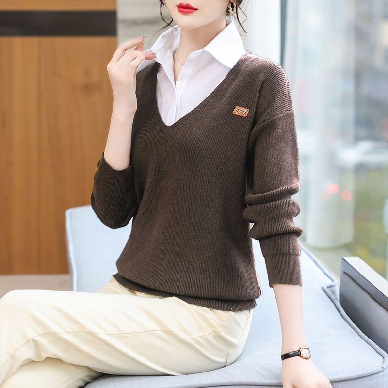 Women's Fashion 2025 Spring & Autumn Fake Two-Piece Sweater with Shirt Collar