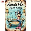 Vintage Mermaid Bath Tub Tin Sign, Rustic Metal Poster Wall Art Decor 8x12 Inch for Kitchen