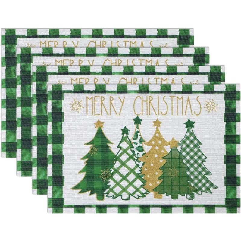 1PC Waterclor Buffalo Plaid Christmas Trees Placemats Non-Slip Winter Table Mats for Outdoor Indoor Party Kitchen Dining Decor