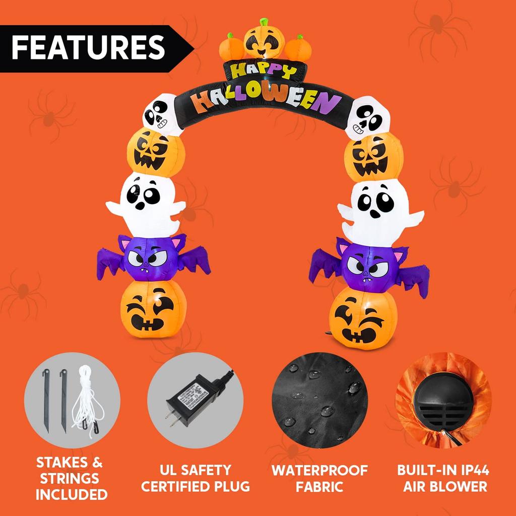 Joyfy 8 Ft Halloween Inflatable Archway Stacked Pumpkins Archway Bat Inflatable with Build-in LED for Halloween Decorations