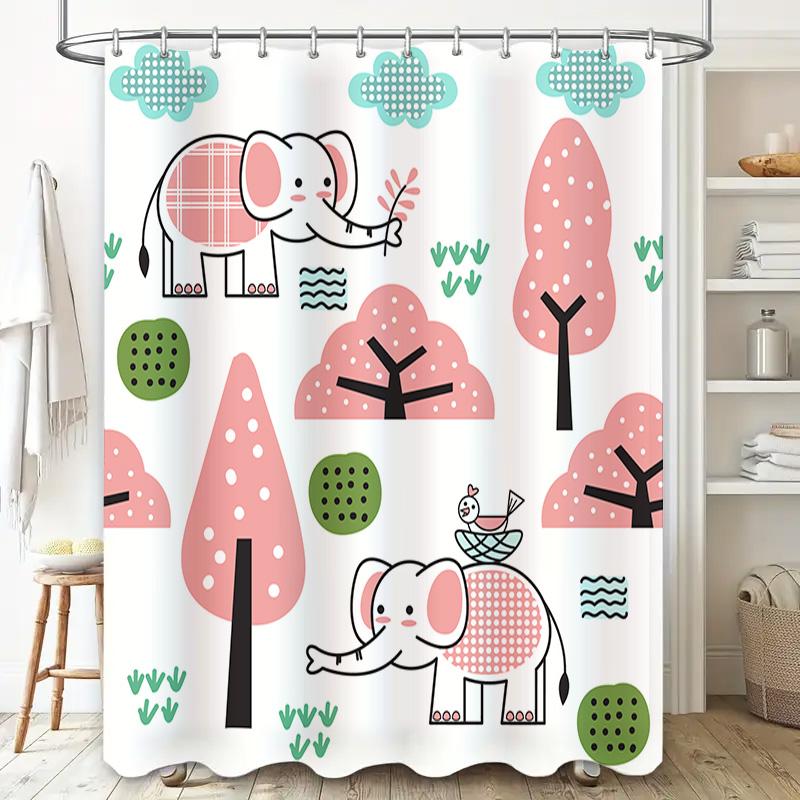 Adorable Elephant Print Shower Curtain Set with Green Leaf Decorations for Bathroom Decoration White Size: 180x259cm 71X102in