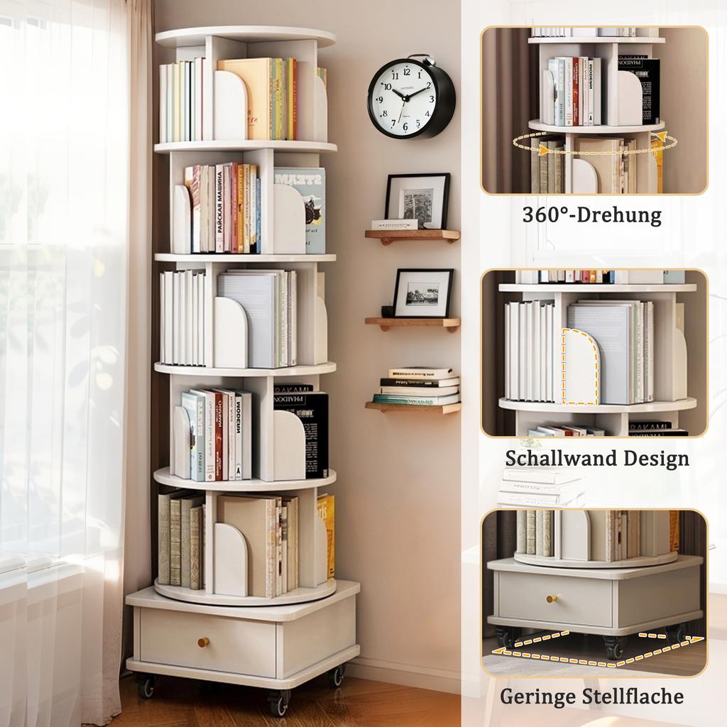 Libreria Rotante a 6 Piani, Scaffale Rotondo a 360 Gradi, Ruote e Cassetto, Scaffale Salvaspazio per Stanze Piccole – Ideale per Camera da Letto, Soggiorno, Casa, Ufficio