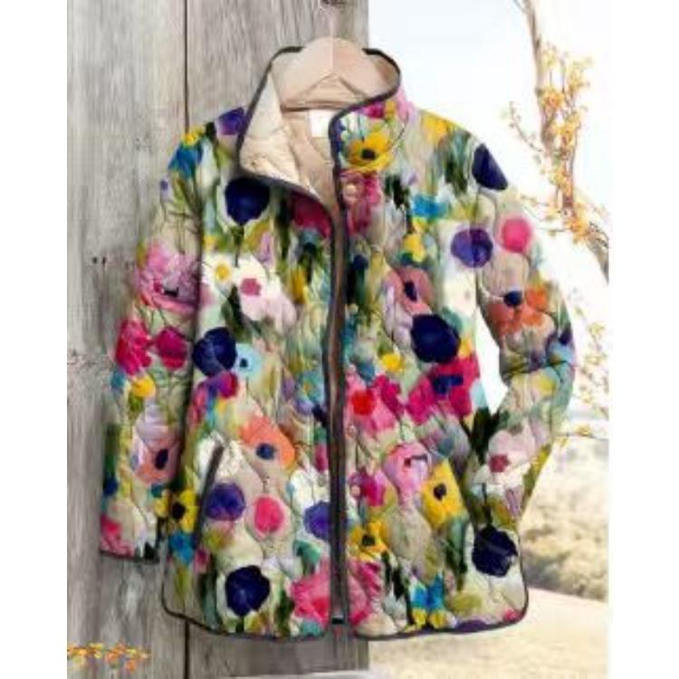 Women's Tropical Leaf Print Quilted Jacket Stand Collar Button Down Contrast Trim Casual Coat