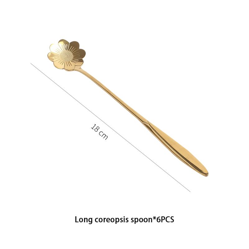 6pcs Gold Flower Stainless Steel Tea Spoons Set Coffee Spoon Honey Dessert Ice Cream Scoop Teaspoon Cafe  Long Handle Tableware
