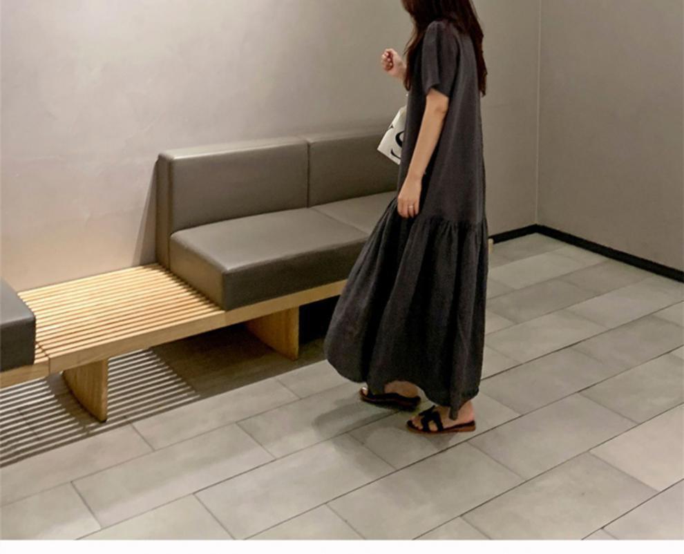 

Женское летнее миди-платье в японском стиле из хлопка и льна: Свободный крой, Короткий рукав, Ретро Мори-гёрл 4XL темно-серого