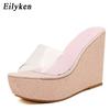 Fashion Eilyken PVC Transparent Lady's Slipper Platform Heel Slides Open-Toe Wedge Slipper Shoes Zapatillas De Mujer
