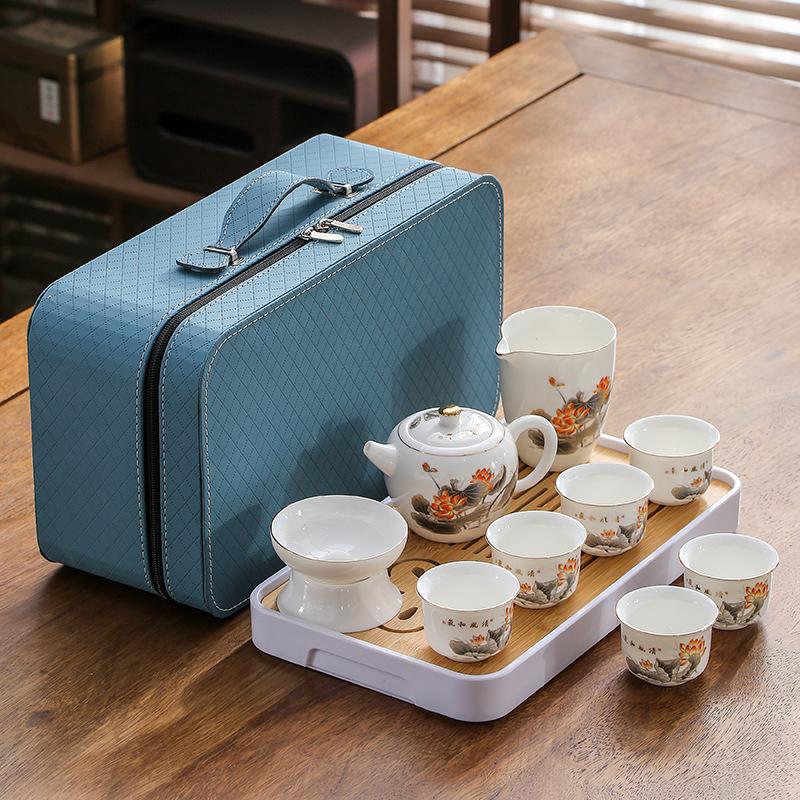 Travel tea set 2024 new portable storage bag suet jade outdoor camping teapot teacup tea tray