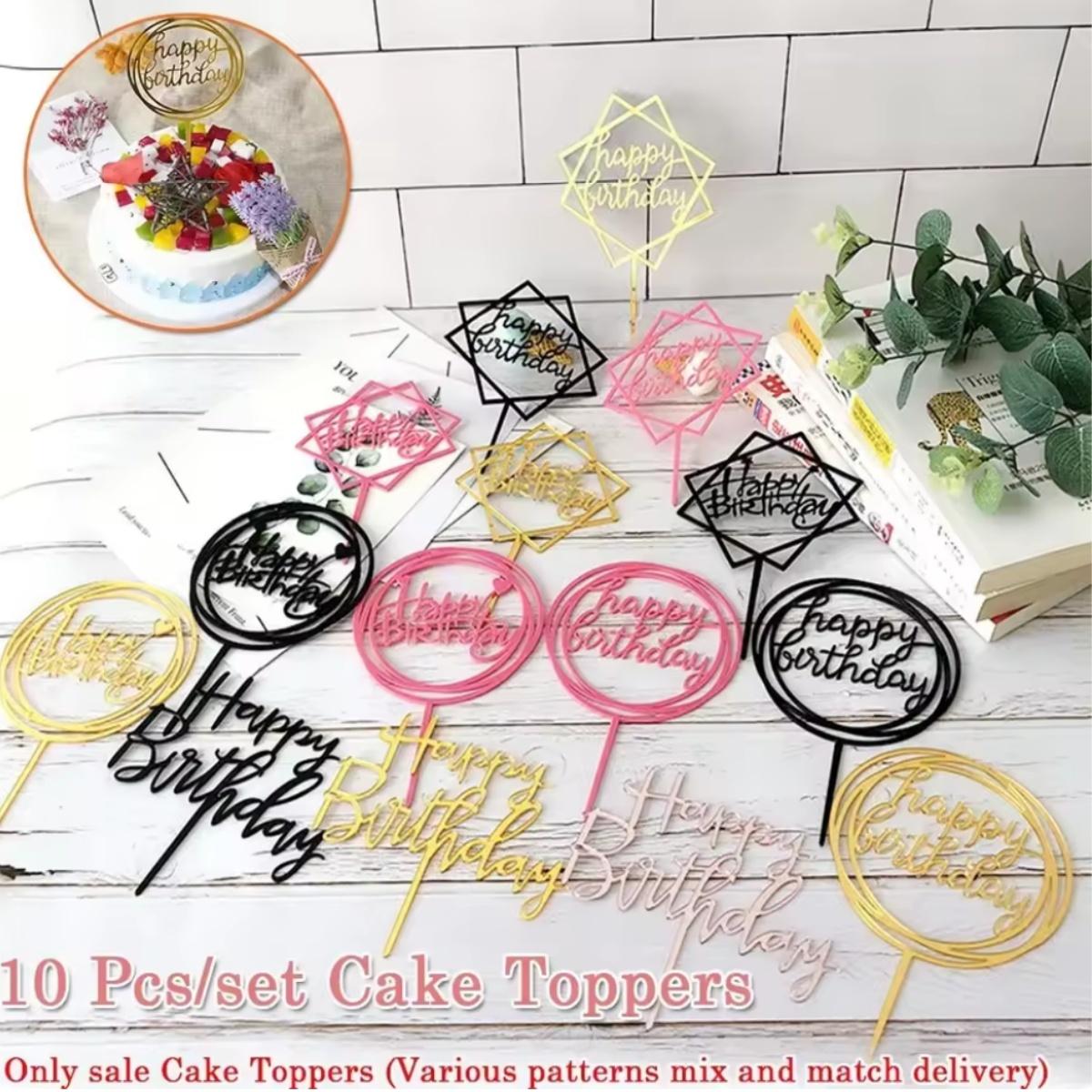 

10pcs Multi -Shapes Happy Birthday Cake Topper Acrylic Glittering Cupcake Topper Decorations for Birthday Party Supplies Random Color