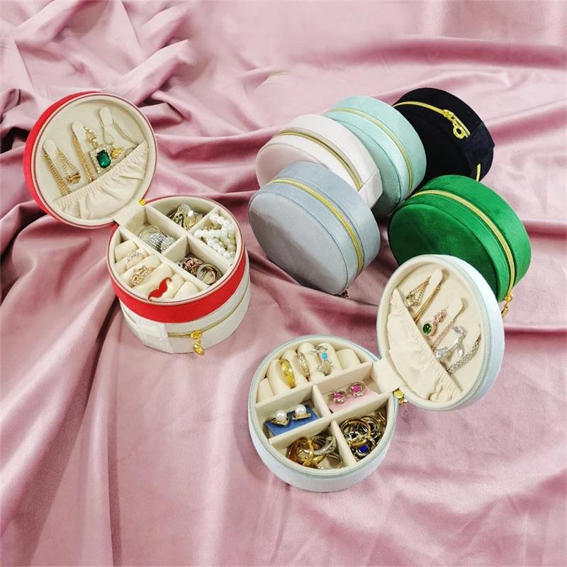 New Round Flannelette Jewelry Storage Box Portable Travel Jewelry Box Ring Earrings Bracelet Necklace Multi-functional Organizer