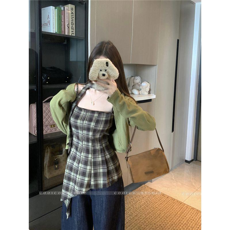 

Kumikumi Sweet and Spicy Wind Suit Pure Color Cardigan Outwear Female Autumn Asymmetrical Plaid Camisole Two-piece Set Green Two-piece set One size