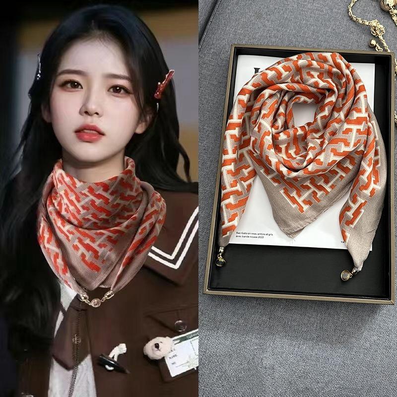 

New high-end magnetic buckle square scarf women s spring and autumn versatile fashion neck buckle scarf triangular silk scarf