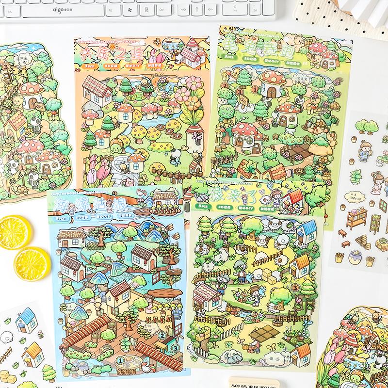 3Pcs Scenes Cartoon Landscape Sticker Pack Forest Village DIY 3D Stickers Cabin Scene Pocket Birthday Gift for Kid Child Student