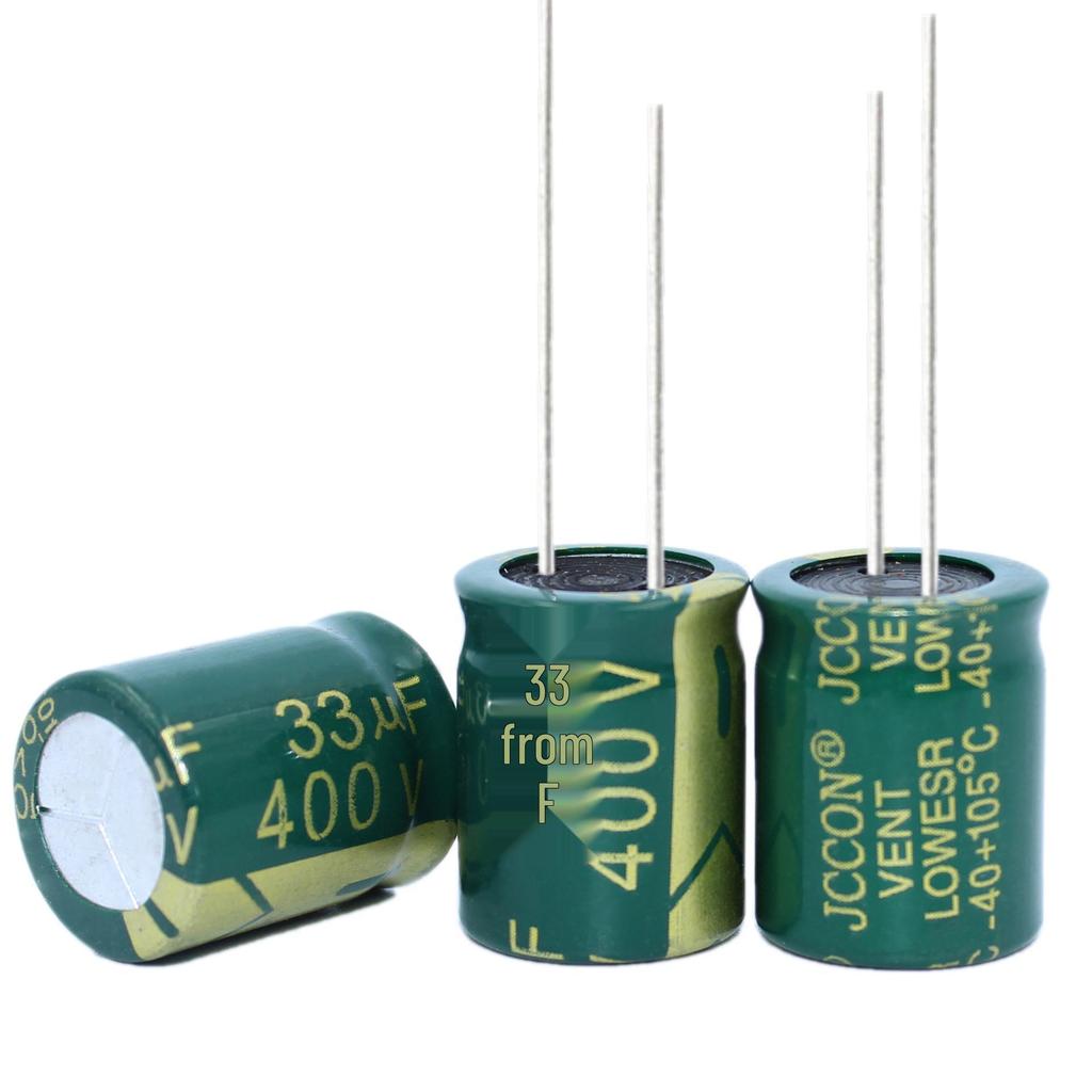 JCCON High-Frequency Low-ESR 33µF 400V Capacitor for Switching Power Supplies, Green Gold, Size 13x21mm 16x20mm.