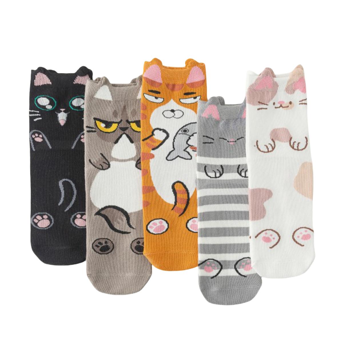 

5 пар женских носков до щиколотки, милые кошки, забавные, присборенные, поп, новинка, персонализированные, влагоотводящие, подарки One Size