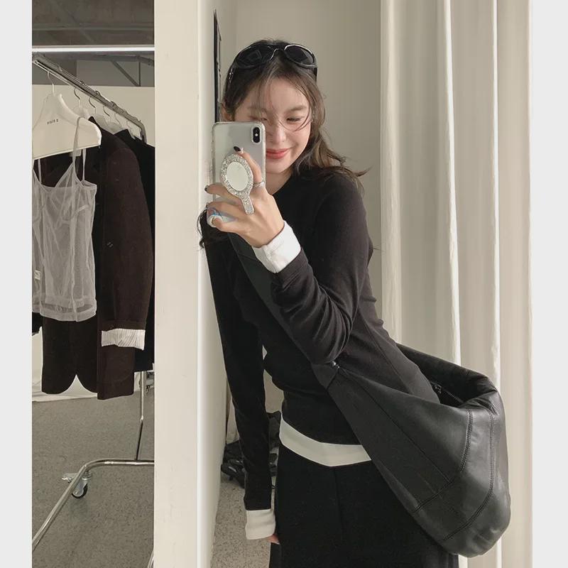 Nan Tao Women's Fake Two-Piece Slim Fit Long-Sleeve Top - Spring 2025 Korean Style Round Neck Shirt