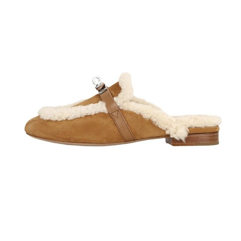 Lock bag head lamb wool slippers women's autumn and winter thick heel one pedal lazy half drag outside wear