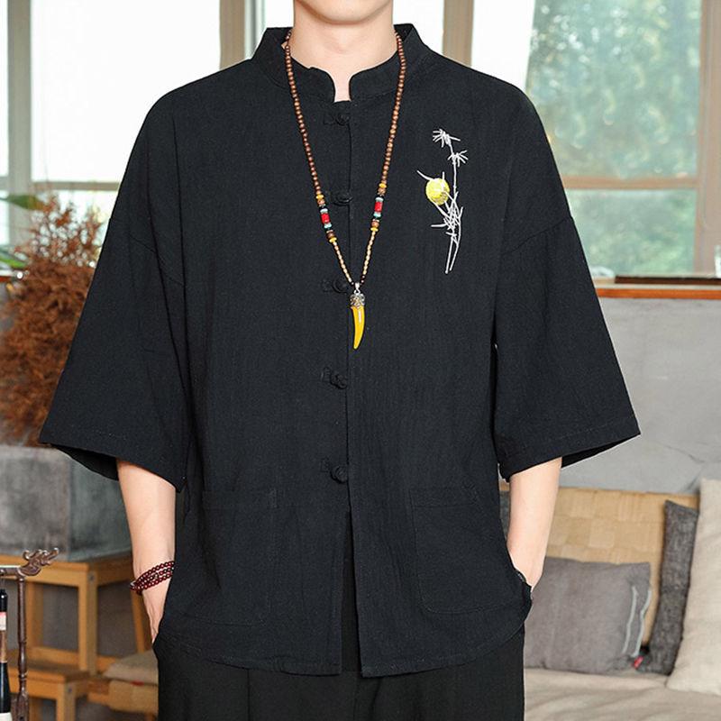Chinese Men's Three-Quarter Sleeve Embroidered Tang Suit Cardigan Shirt