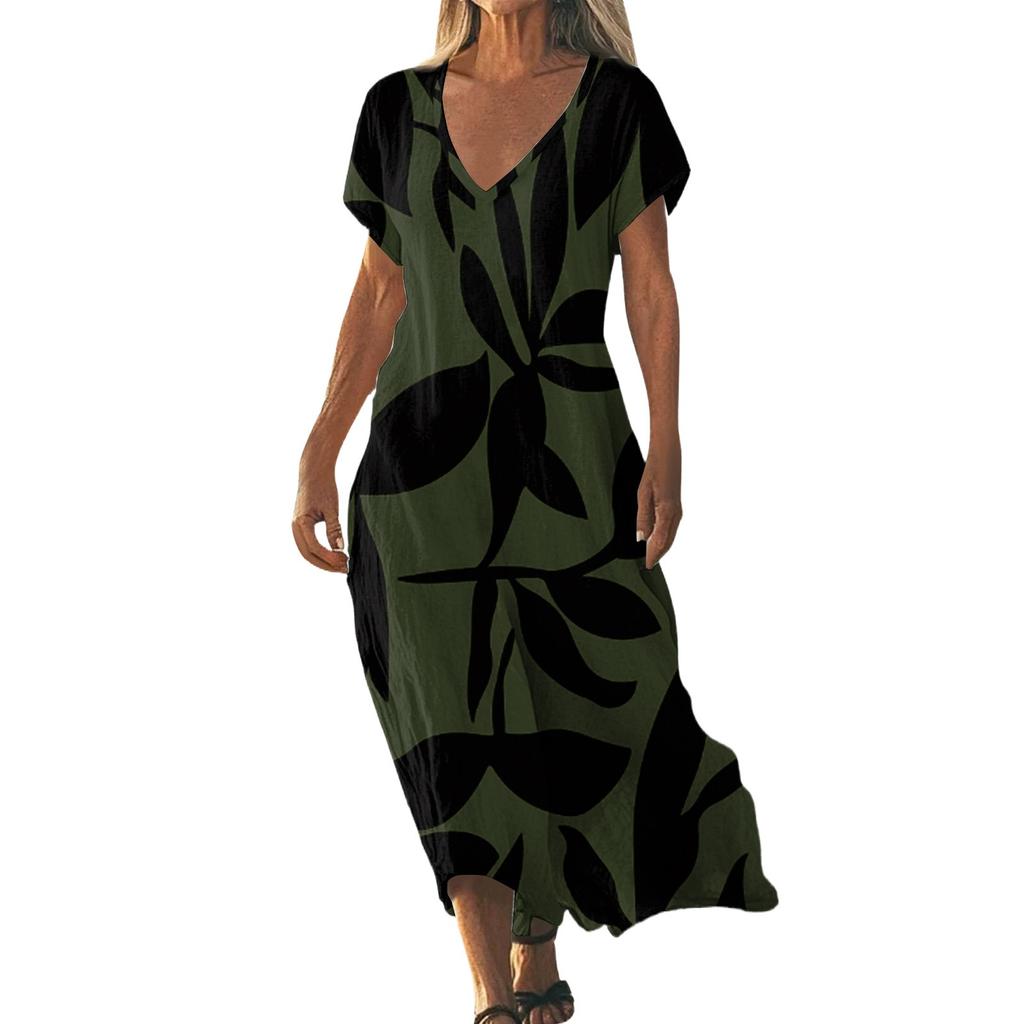 Fashion Women's Summer V-Neck Short Sleeve Floral Print Beach Dress