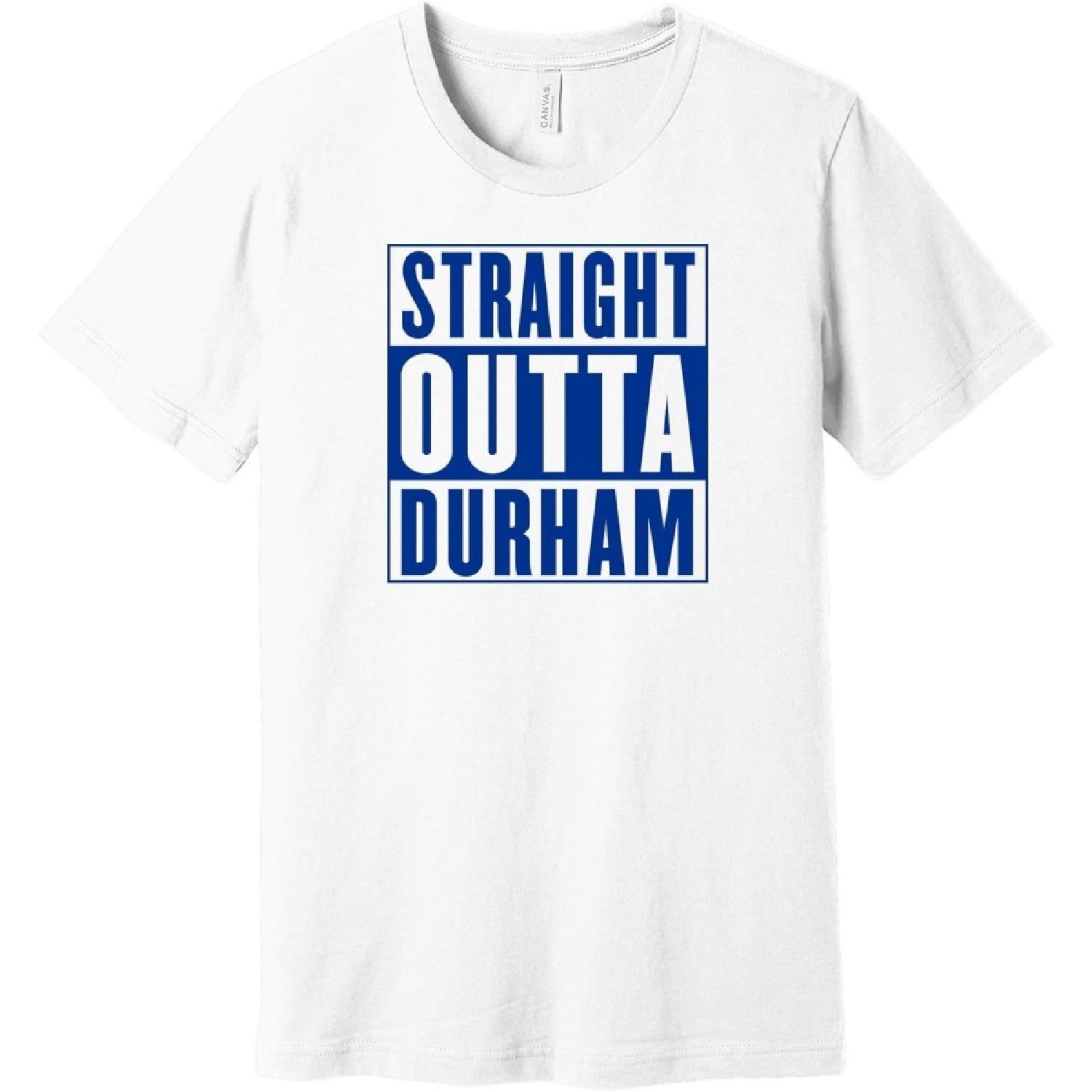 Straight Outta Durham - Show Your Love of North Carolina - NWA Parody Shirt - Blue and White Version - White - XL S
