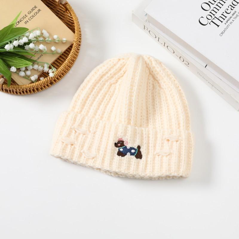 Cute Puppy Embroidered Hole Knitted Hat for Women Autumn and Winter New Style Baotou Cold Hat Warm Ear Protection Woolen Hat for Women