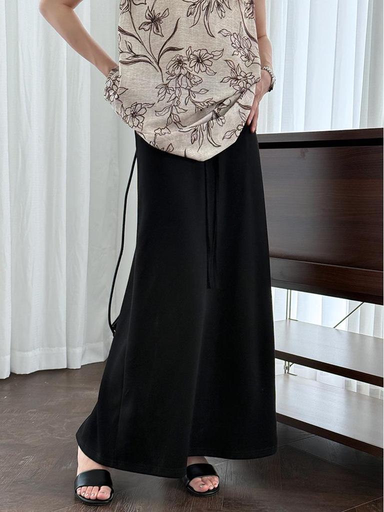 LUXI Korean-Style A-line High Waist Drawstring Maxi Skirt, Summer Casual 2673