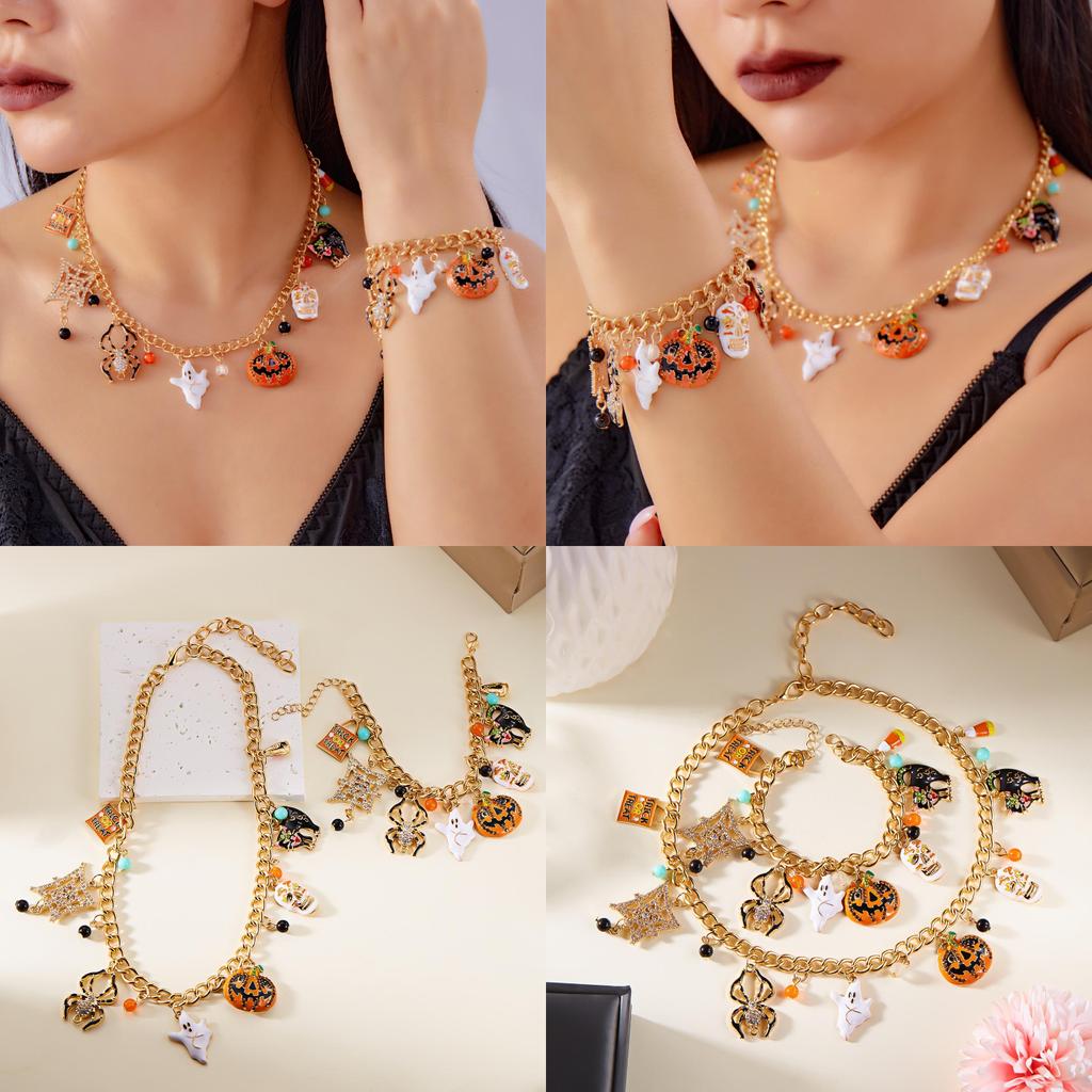 Halloween Pumpkin Ghost Spider Alloy Jewelry Set With Chain For Men Women