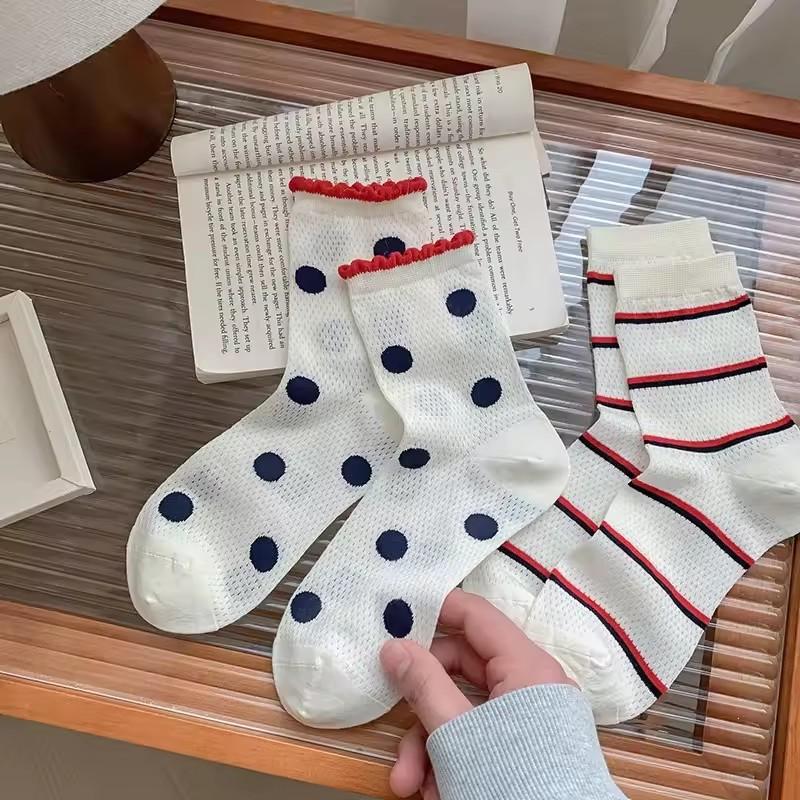 5 Pairs New Mid-Calf Breathable Thin Women's Socks Summer Mesh Polka Dot Dog Versatile Knee High Socks Comfortable Home Socks