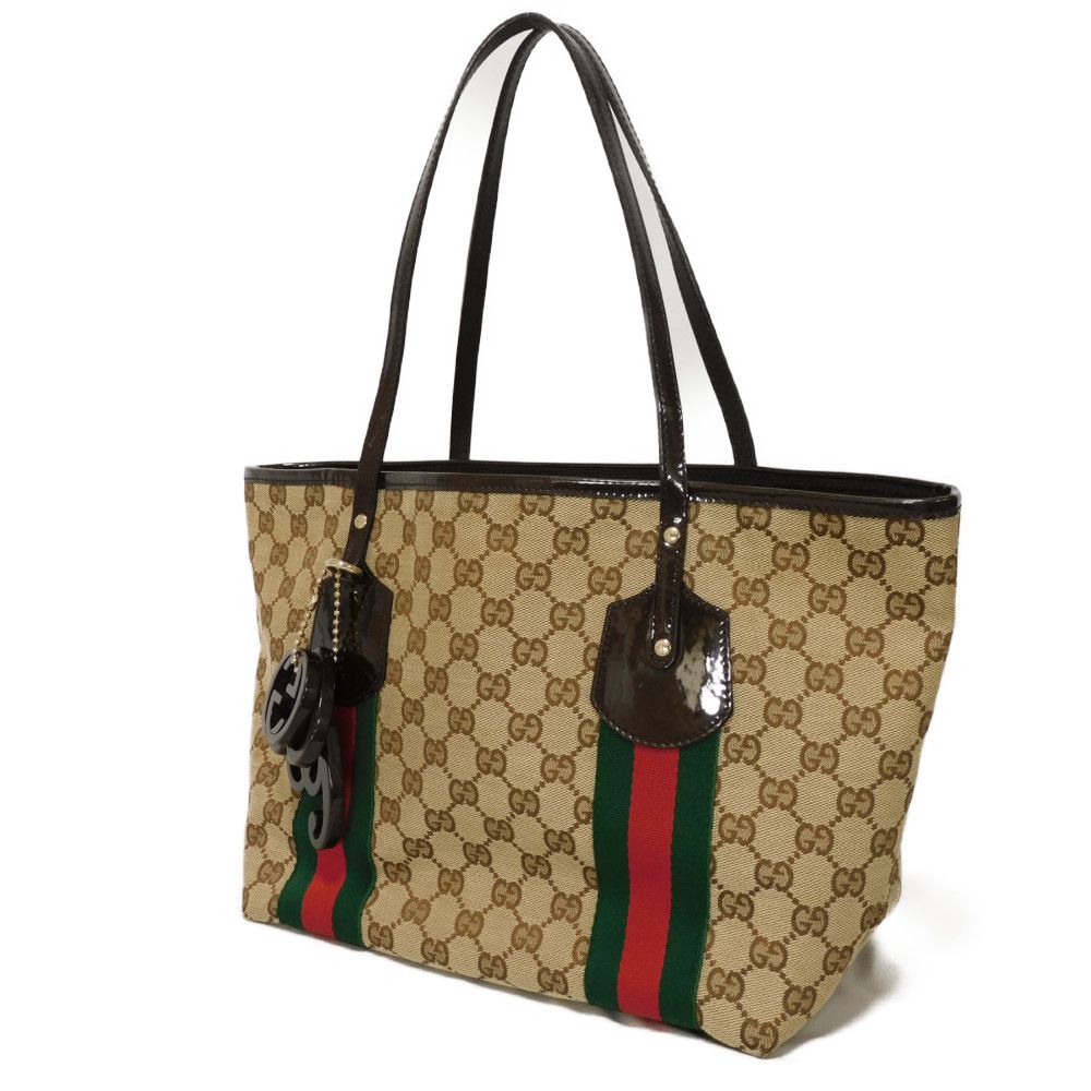 Used 9539 Web Stripe Tote 211971 7924 Patent Enamel Green Red Brown GG Canvas Beige Women's from Japan AUTHENTIC