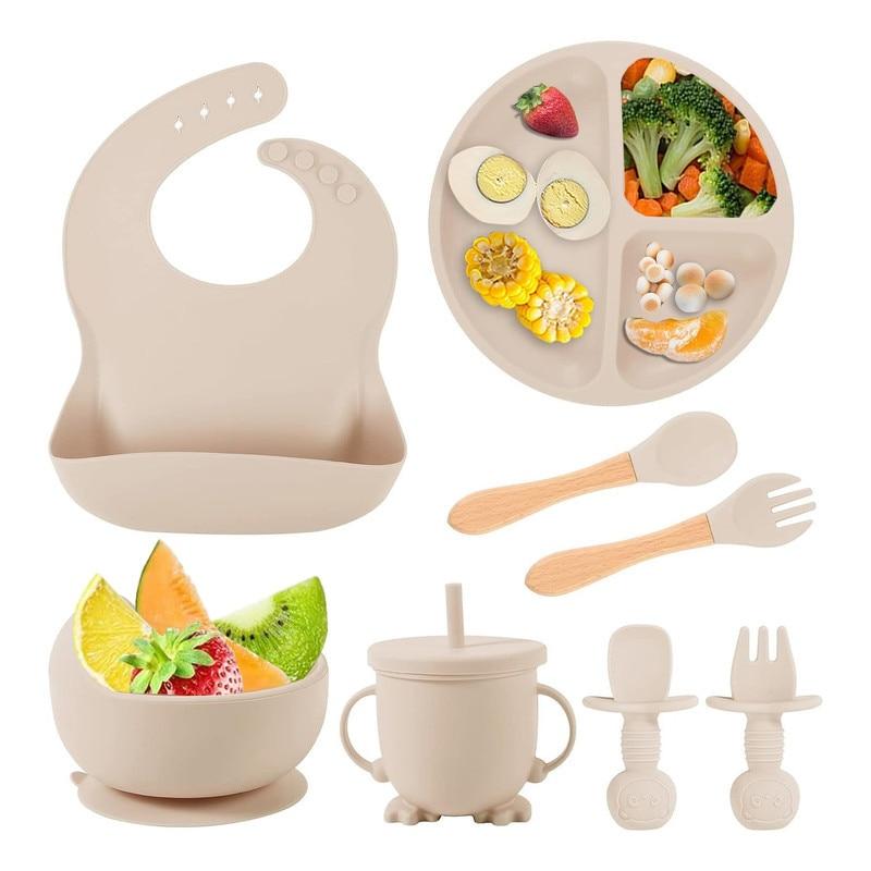 Baby Feeding Set 8-Piece, Silicone Toddler Utensils, Suction Bowl Plate Bib Fork Spoon Snack Cup, Allergen-Free Beige