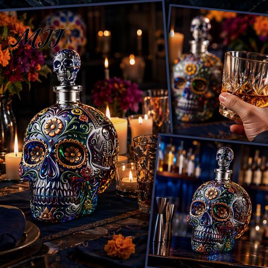 Niche Atmosphere Bar Decor Day of The Dead Wine Glass, with 3D Relief Painting, Hand-Painted Decorative Glass for Home Gothic Skull Whiskey