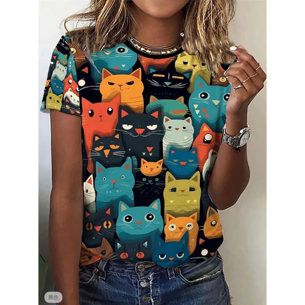 Fashion Women Retro Creative Cartoon Cat Print T Shirt Funny Casual O-neck Short Sleeves T-shirt Summer Female Tee Shirt
