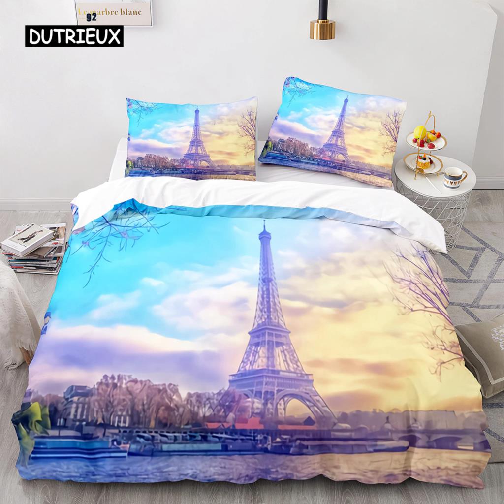 Eiffel Tower Duvet Cover Set King Size Paris Cityscape Twin Bedding Set Modern French Style Polyester Comforter Cover Boys Girls