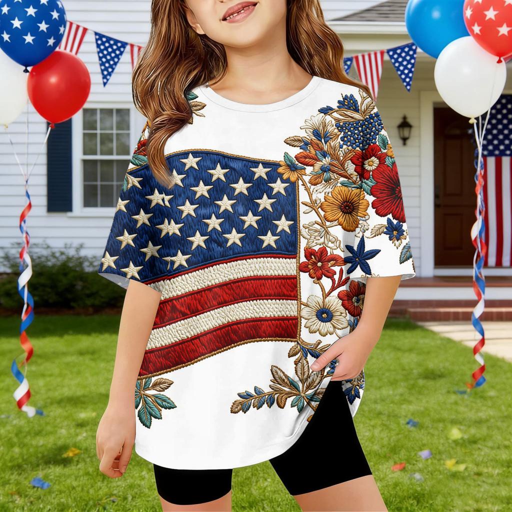 Kids Independence Day Print Round Neck Short Sleeve Casual T-shirt