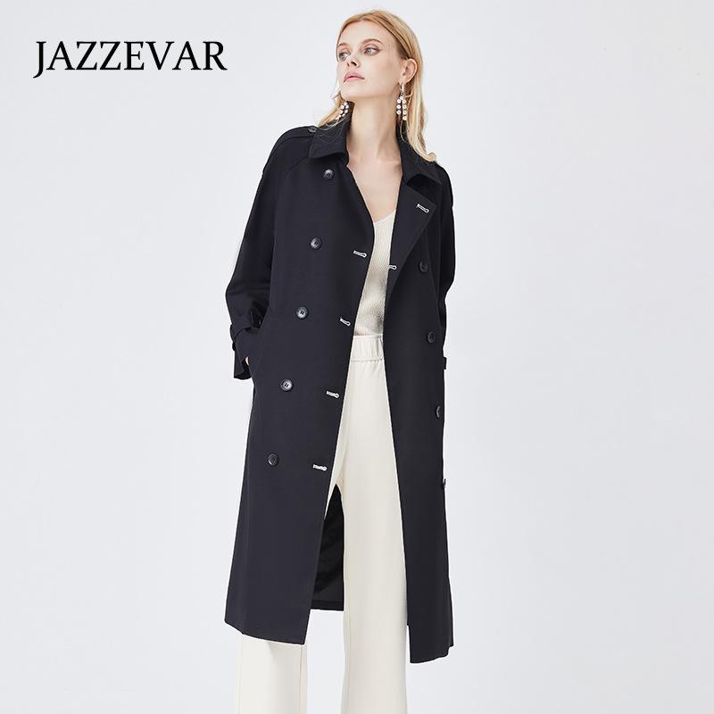 

JAZZEVAR двубортный черный плащ средней длины женский осенний британский плащ