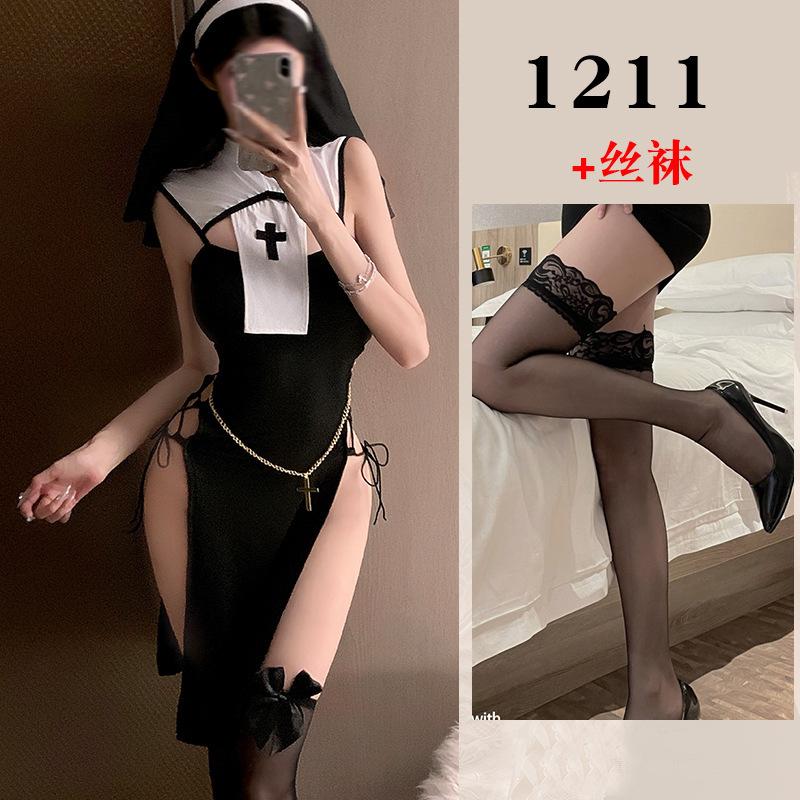 Sexy Summer High Slit Cheongsam Nun Dress Role-playing Uniform Dress Elegant Tank Mini Dress Sweet SM Exotic Women Dress 3XPC