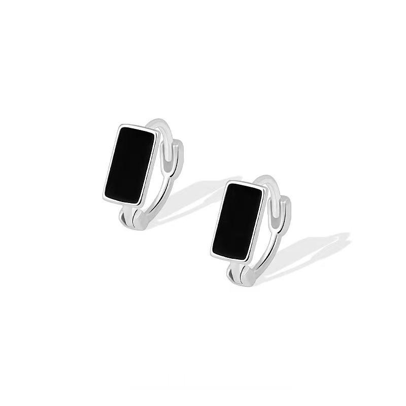 S999 Sterling Silver Black Square Earrings for Women, Retro Drip Glaze, Trendy Street Style, Creative Design Ear Studs. S999 Sterling Silver