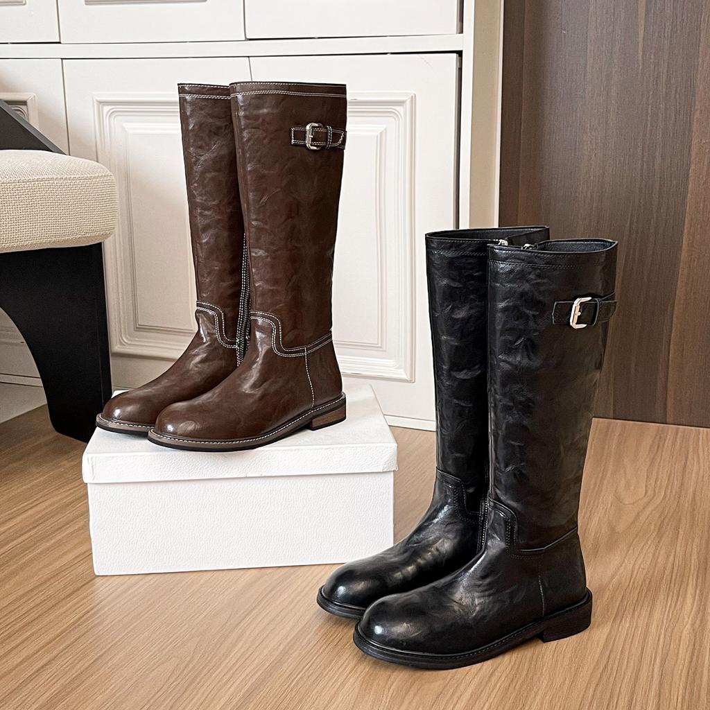 New Spot Washed Horse Leather~ Retro Thick-soled Knight Boots for Women, But Knee-thin Thick Heel Tall Boots Leather