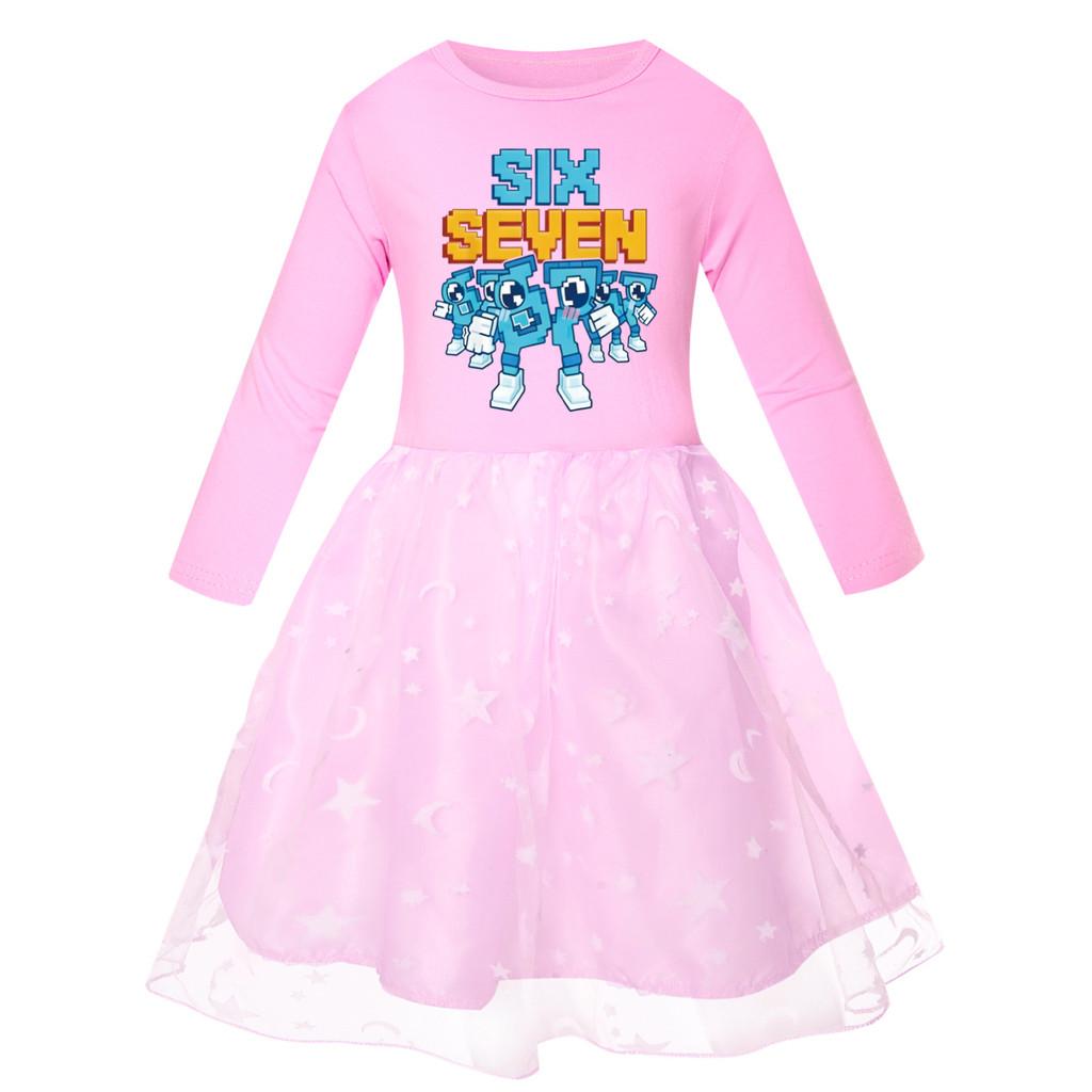 5195 Kids Girls Steal a Brainrot 67 Six Seven Print Mesh Rainbow Round Neck Casual Casual Cotton Dress