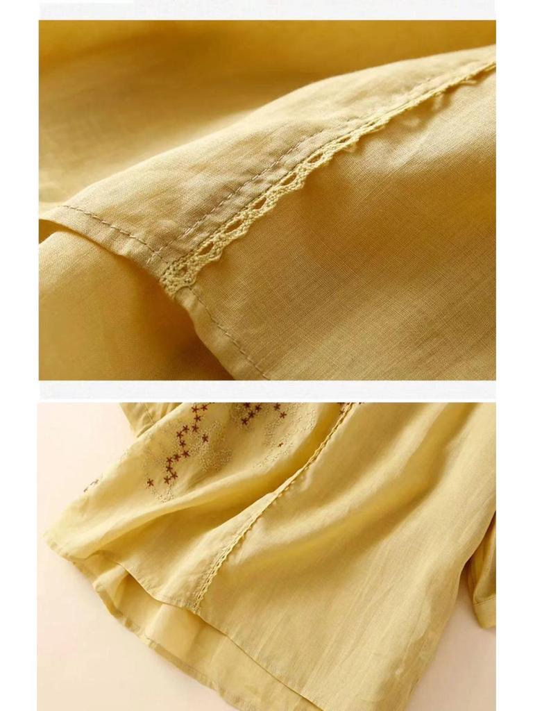 2024 Summer Embroidered Lace Cotton Linen Plus Size Short Sleeve Slimming Blouse