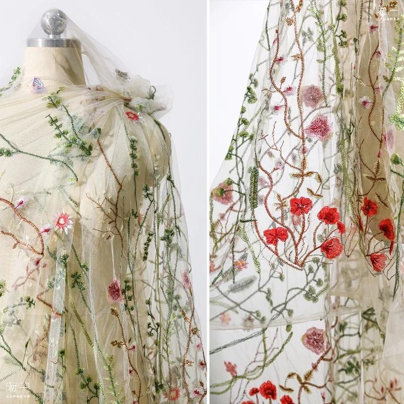 Forest-Style Vine Embroidery Fabric Embroidered Gradientmesh Yarn for Handmade DIY Sewing Gown Wedding Party Dress 100/300/500cm